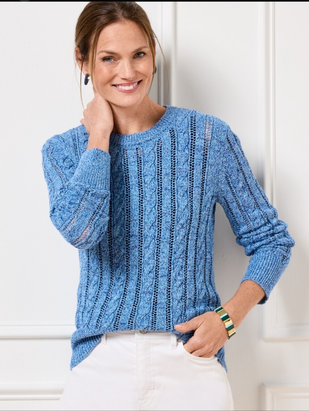 Talbots Cotton Fisherman Cottage Open Knit Cable Crewneck Sweater Blue Sz 1X